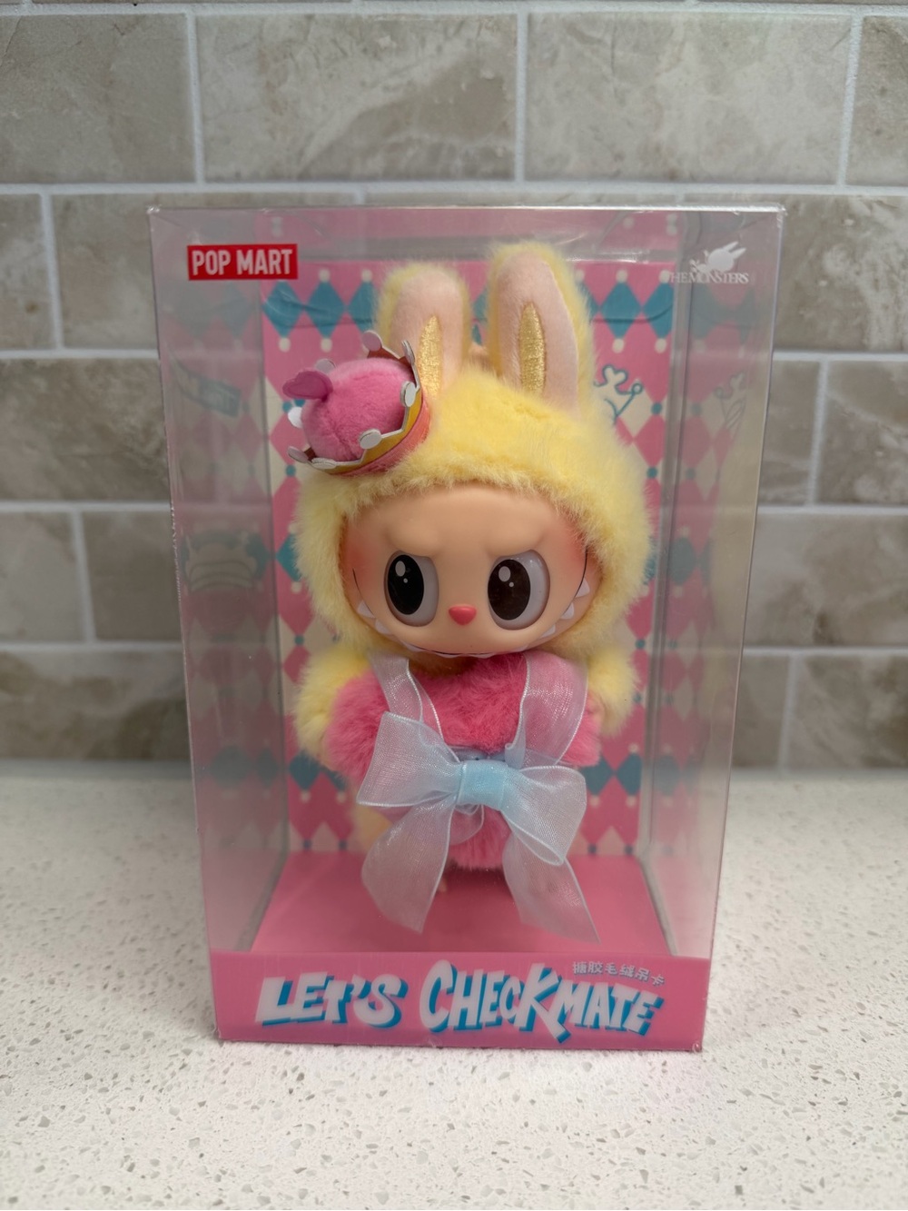 POP MART Let's Checkmate Bunny Labubu Plush in Pink & Yellow